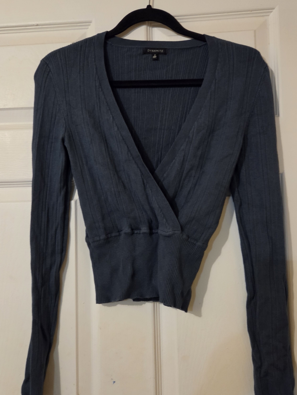 Dynamite Slate Blue Ribbed Wrap Crop Sweater